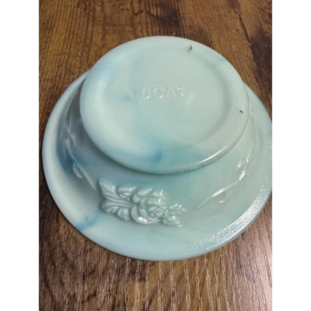 Vintage 70's Avon Aqua Milk Glass Vanity Bowl Floral Trinket Tray Jewelry Dish - Picture 13 of 14